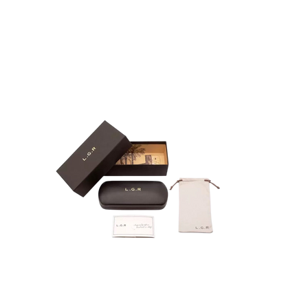 Luxury sunglasses for men deluxe packaging set including black case, soft pouch, and branded box