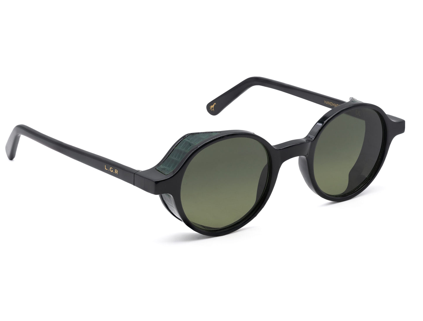 L.G.R. Reunion sunglasses with black round frames and dark green lenses from private collection