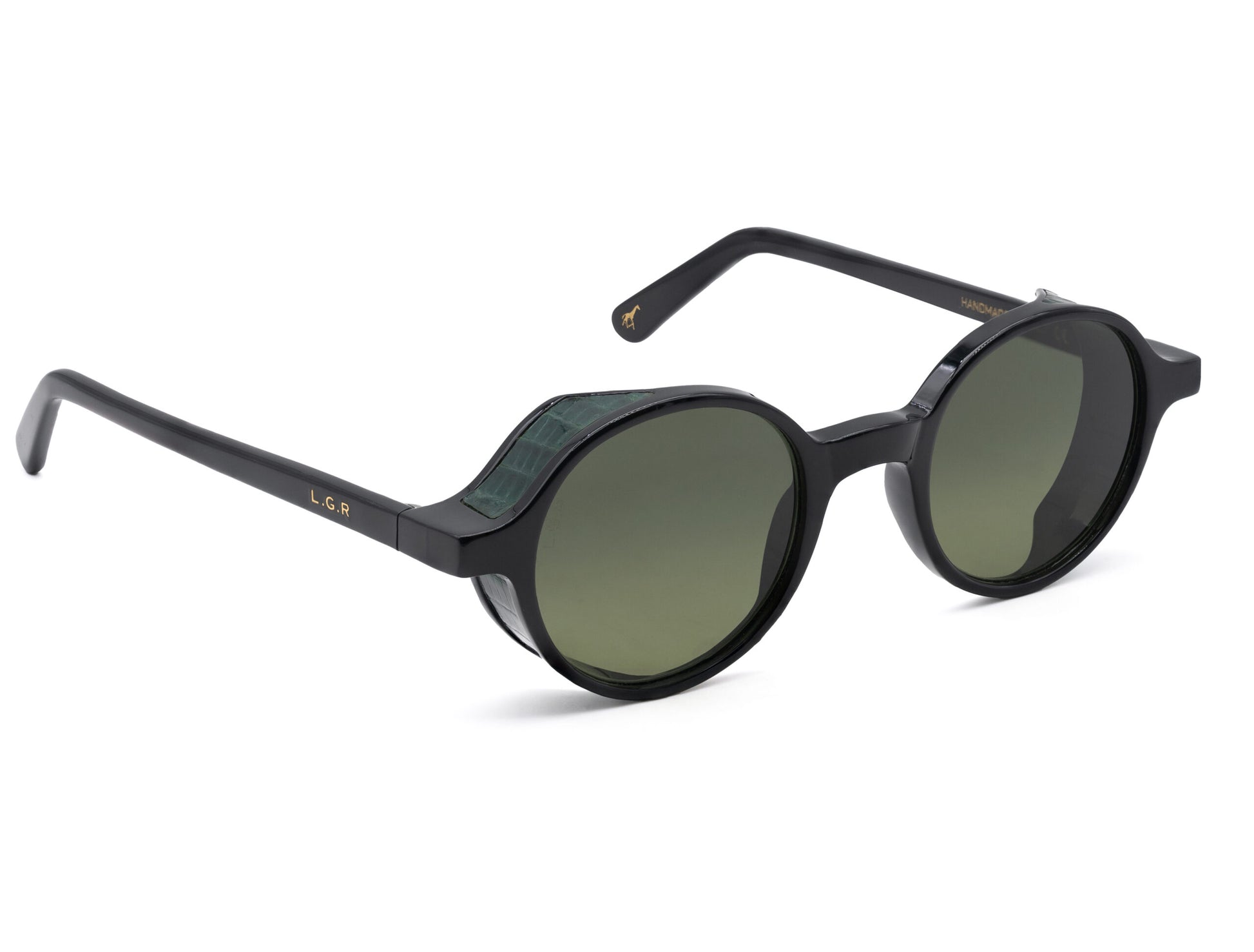 L.G.R. Reunion sunglasses with black round frames and dark green lenses from private collection