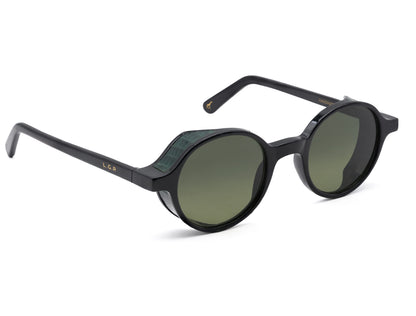 L.G.R. Reunion sunglasses with black round frames and dark green lenses from private collection