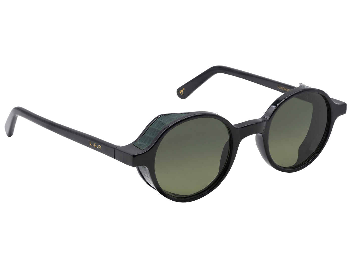 L.G.R. Reunion sunglasses with black round frames and dark green lenses from private collection