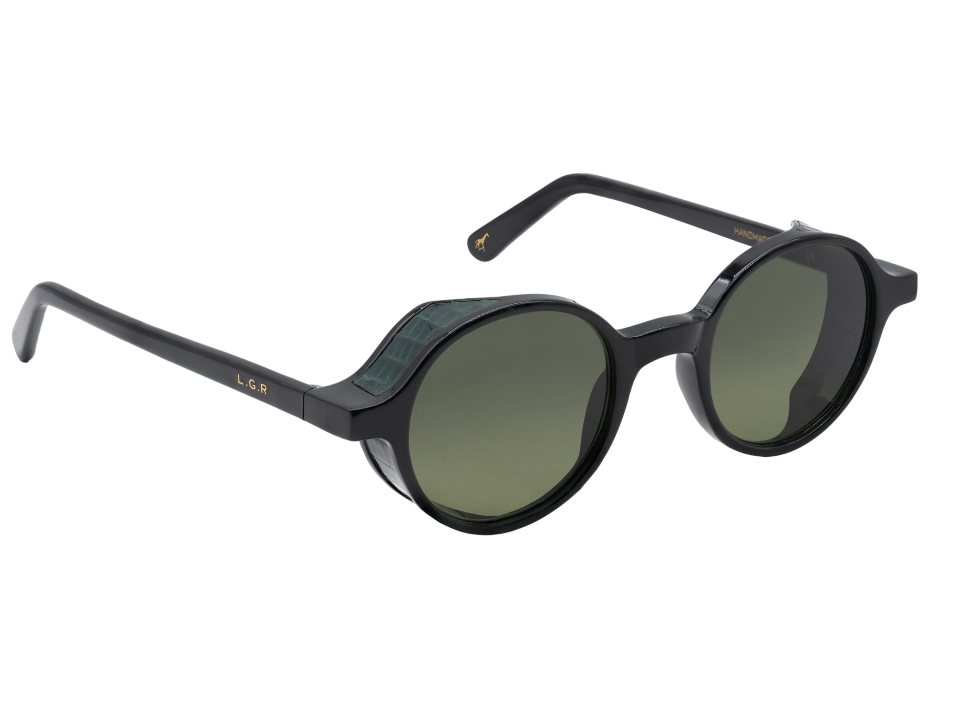 L.G.R. Reunion sunglasses with black round frames and dark green lenses from private collection