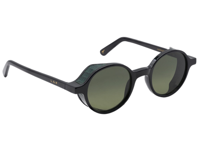L.G.R. Reunion sunglasses with black round frames and dark green lenses from private collection