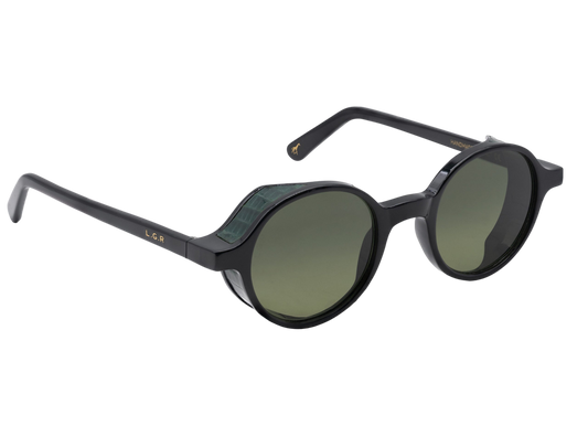 L.G.R. Reunion sunglasses with black round frames and dark green lenses from private collection