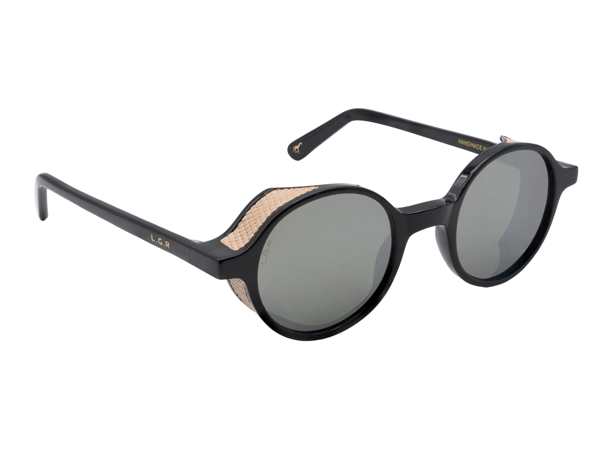 Black round frame luxury sunglasses with textured beige side shields and dark lenses