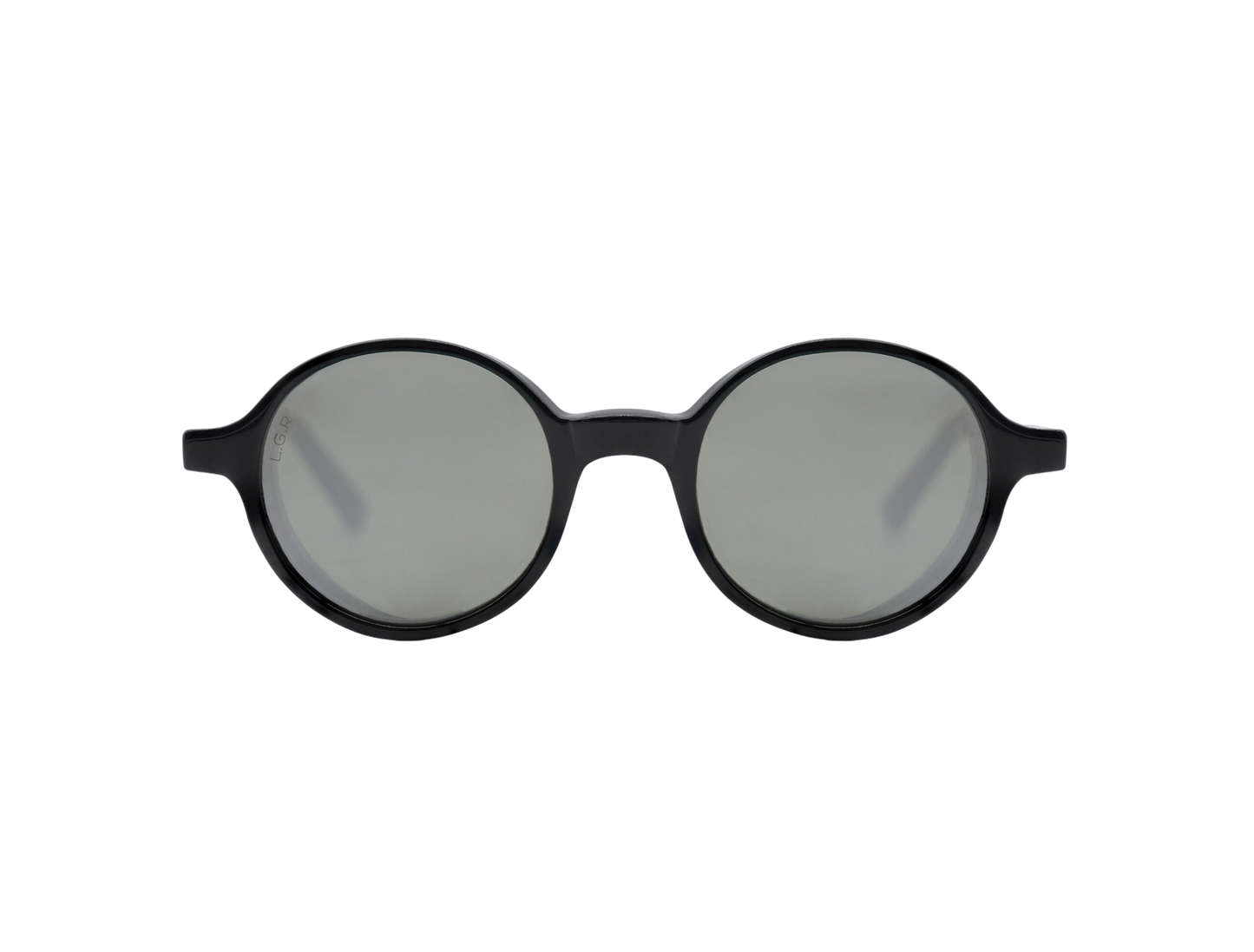 Round frame luxury sunglasses with black frames and gray lenses on white background