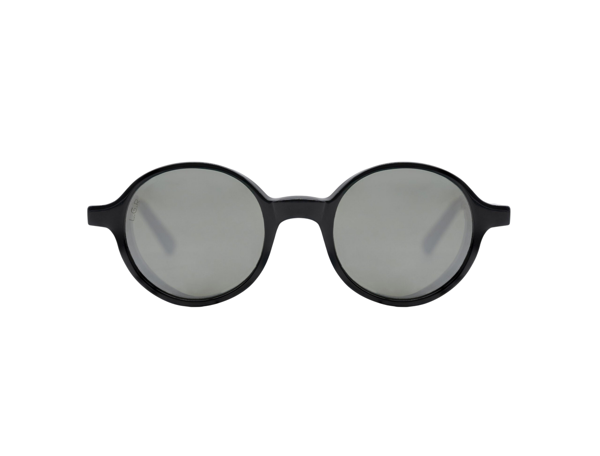 Round frame luxury sunglasses with black frames and gray lenses on white background
