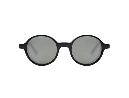 Round frame luxury sunglasses with black frames and gray lenses on white background