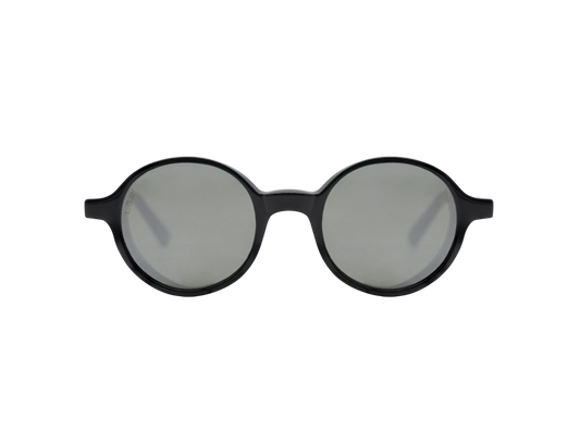 Round frame luxury sunglasses with black frames and gray lenses on white background