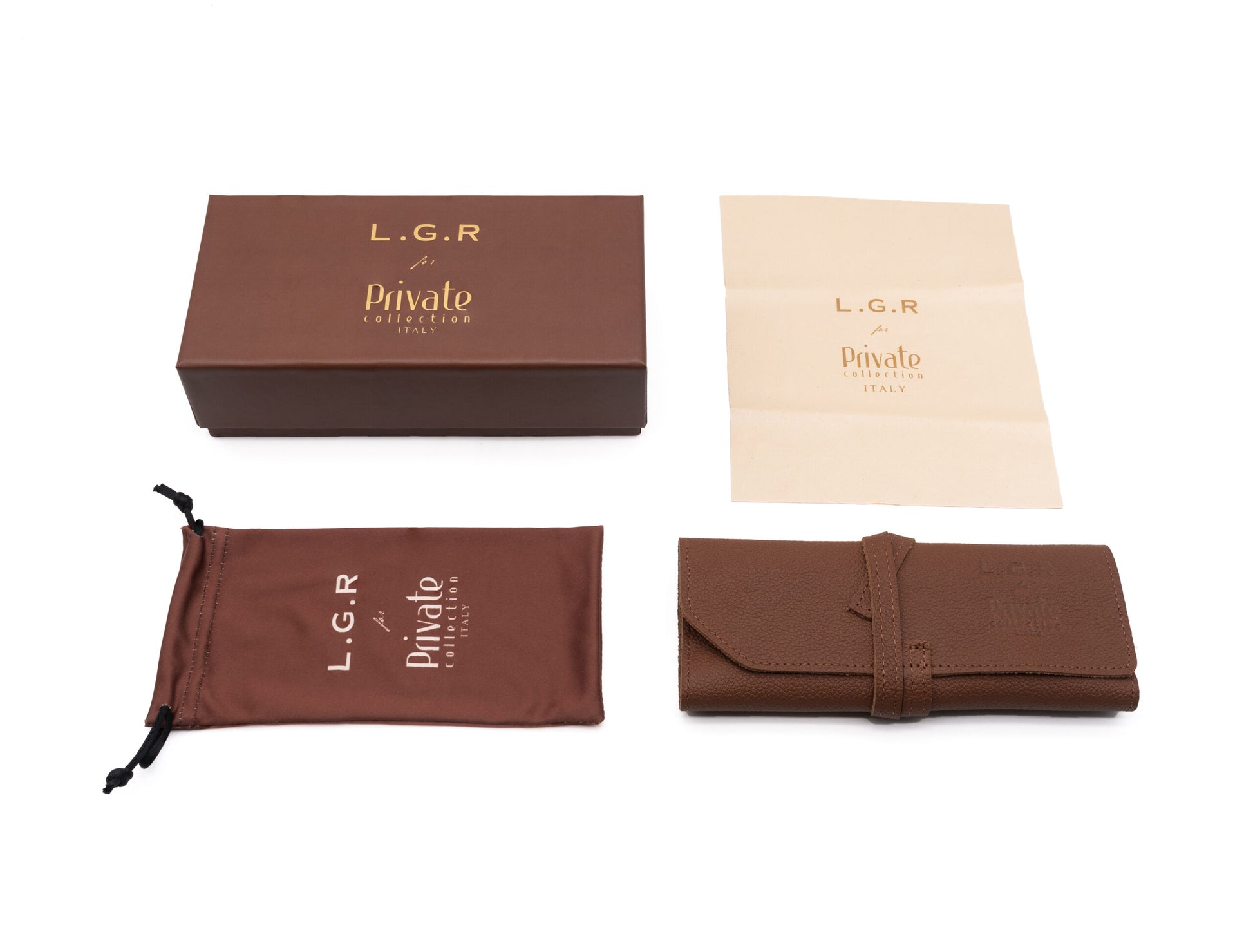 Private collection packaging set for round frame luxury sunglasses including box, cleaning cloth, pouch, and leather case