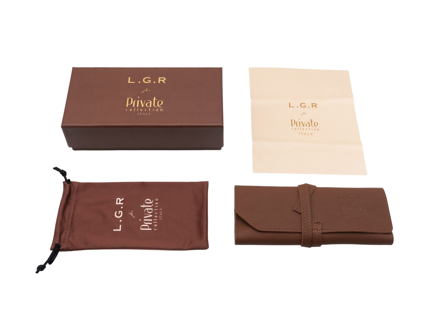 Private collection packaging set for round frame luxury sunglasses including box, cleaning cloth, pouch, and leather case
