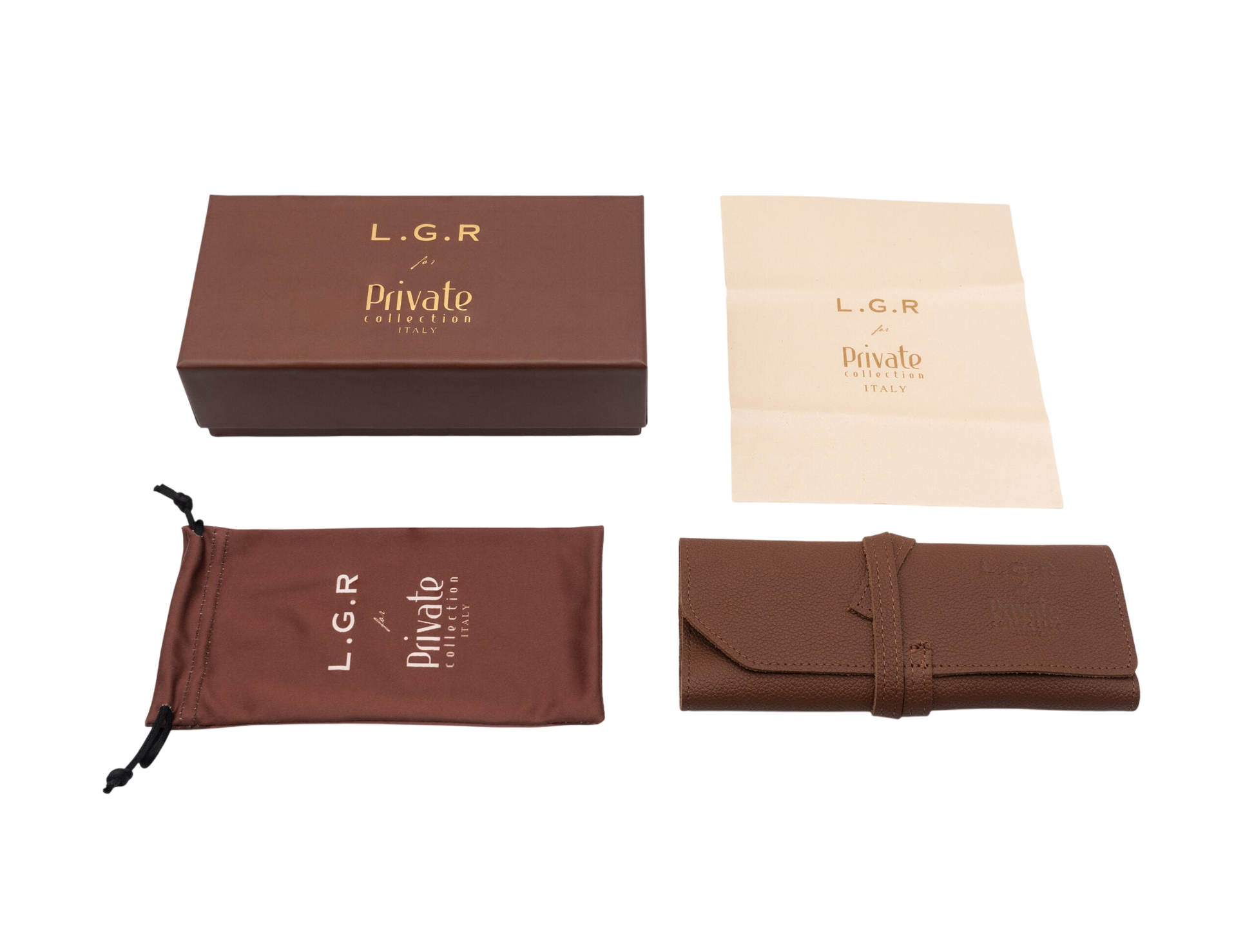 Private collection packaging set for round frame luxury sunglasses including box, cleaning cloth, pouch, and leather case