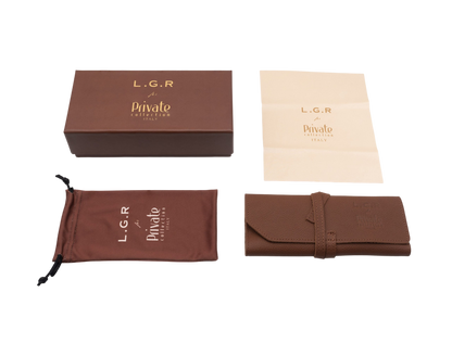 Private collection packaging set for round frame luxury sunglasses including box, cleaning cloth, pouch, and leather case