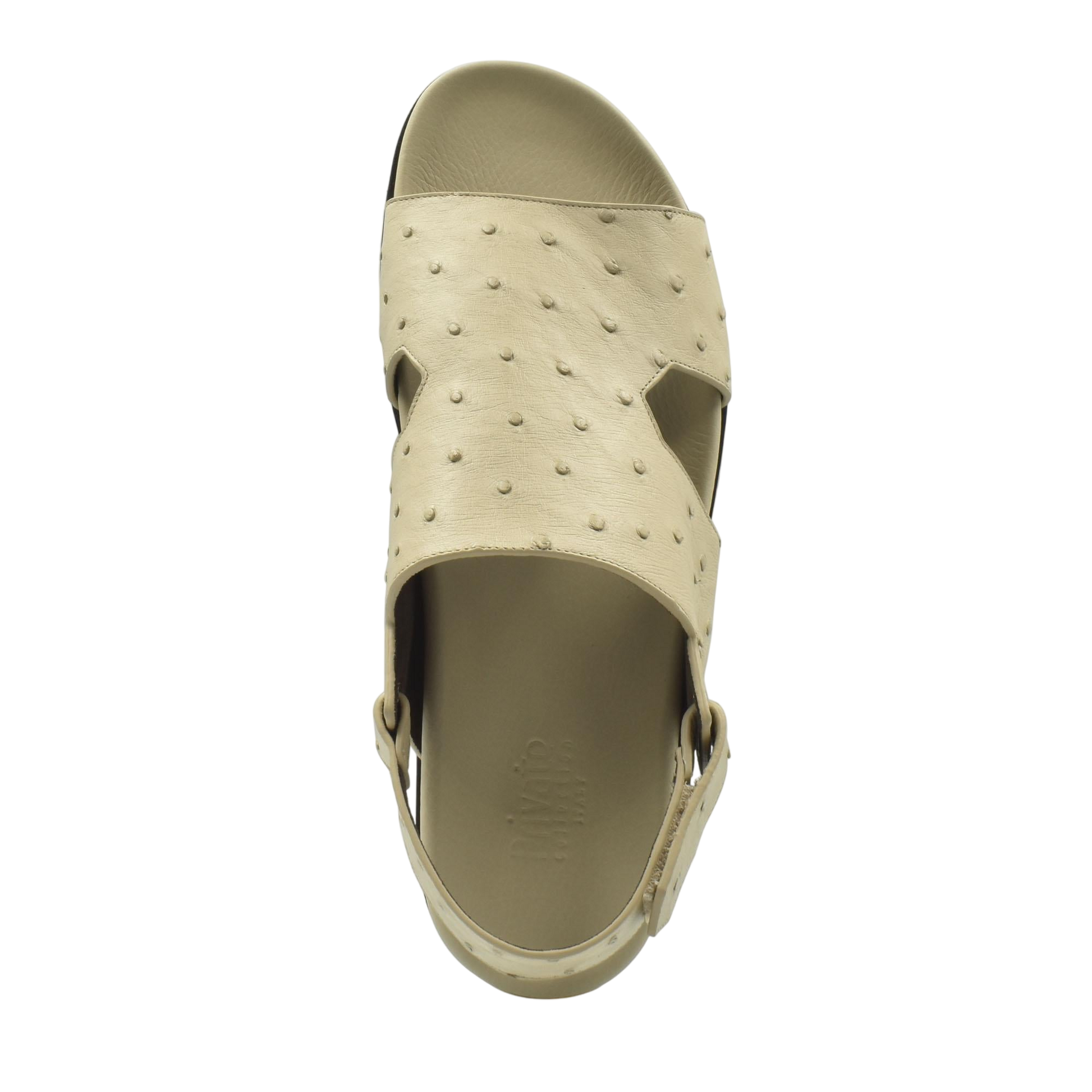 Top view of beige open-toe Luxury Amorti Sangle Footwear sandal with textured upper and adjustable strap