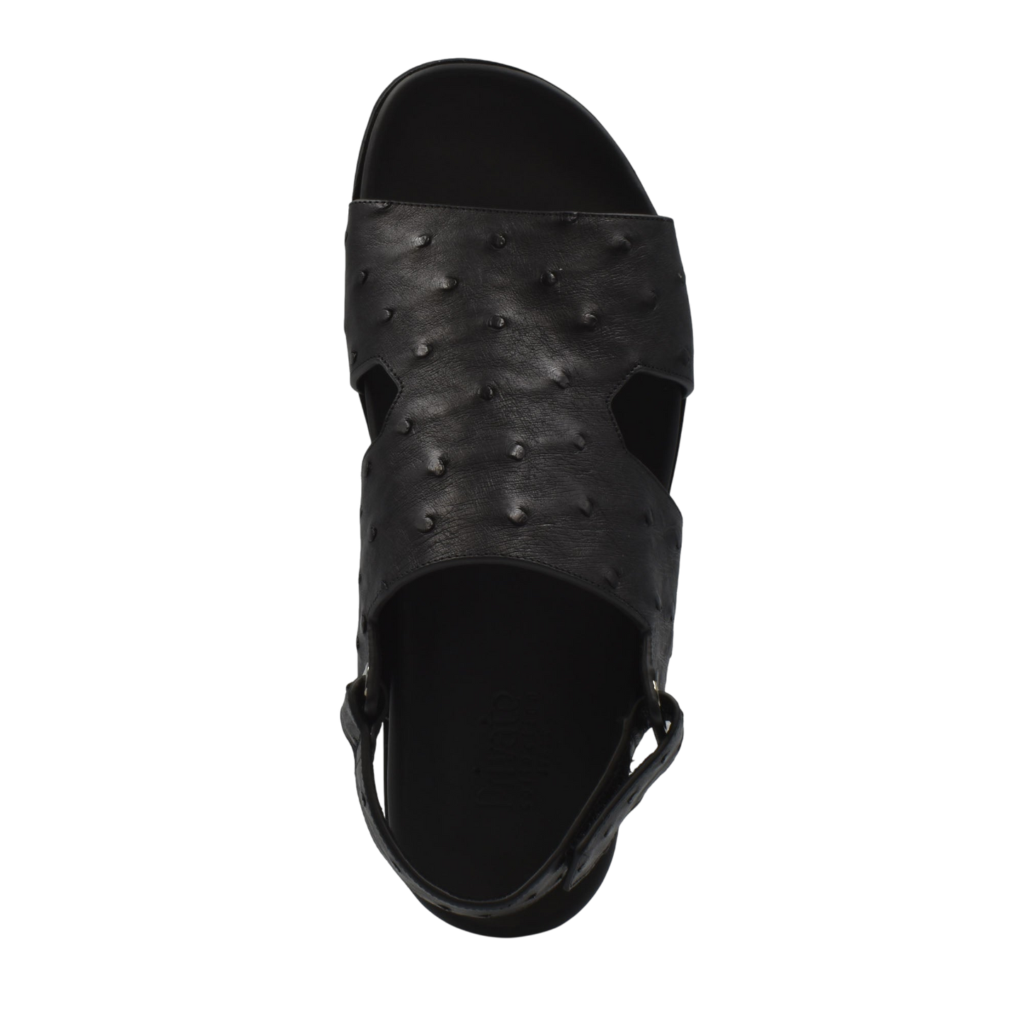 Top view of black Luxury Amorti Sangle Footwear sandal with textured leather strap and adjustable back strap
