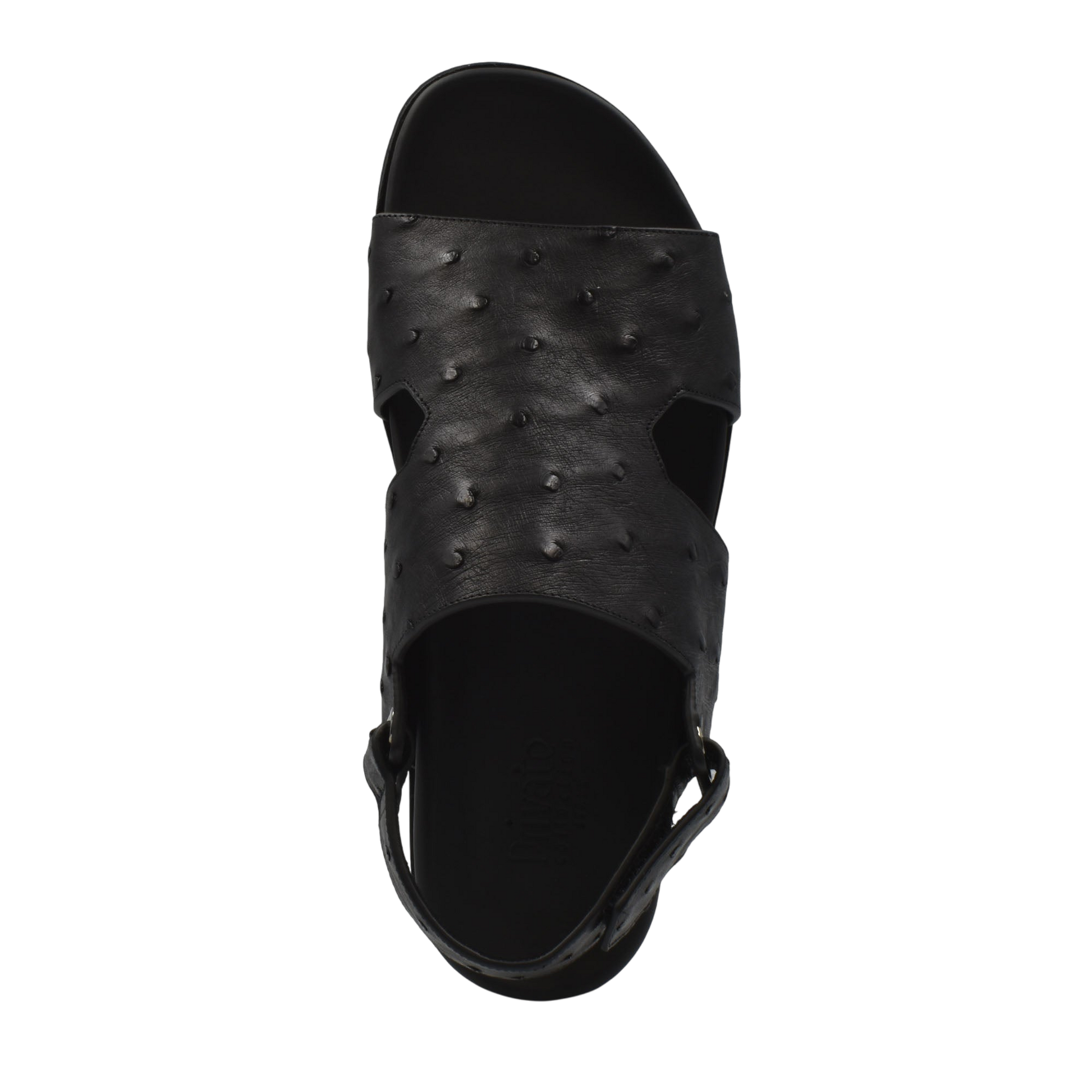 Top view of black Luxury Amorti Sangle Footwear sandal with textured leather strap and adjustable back strap