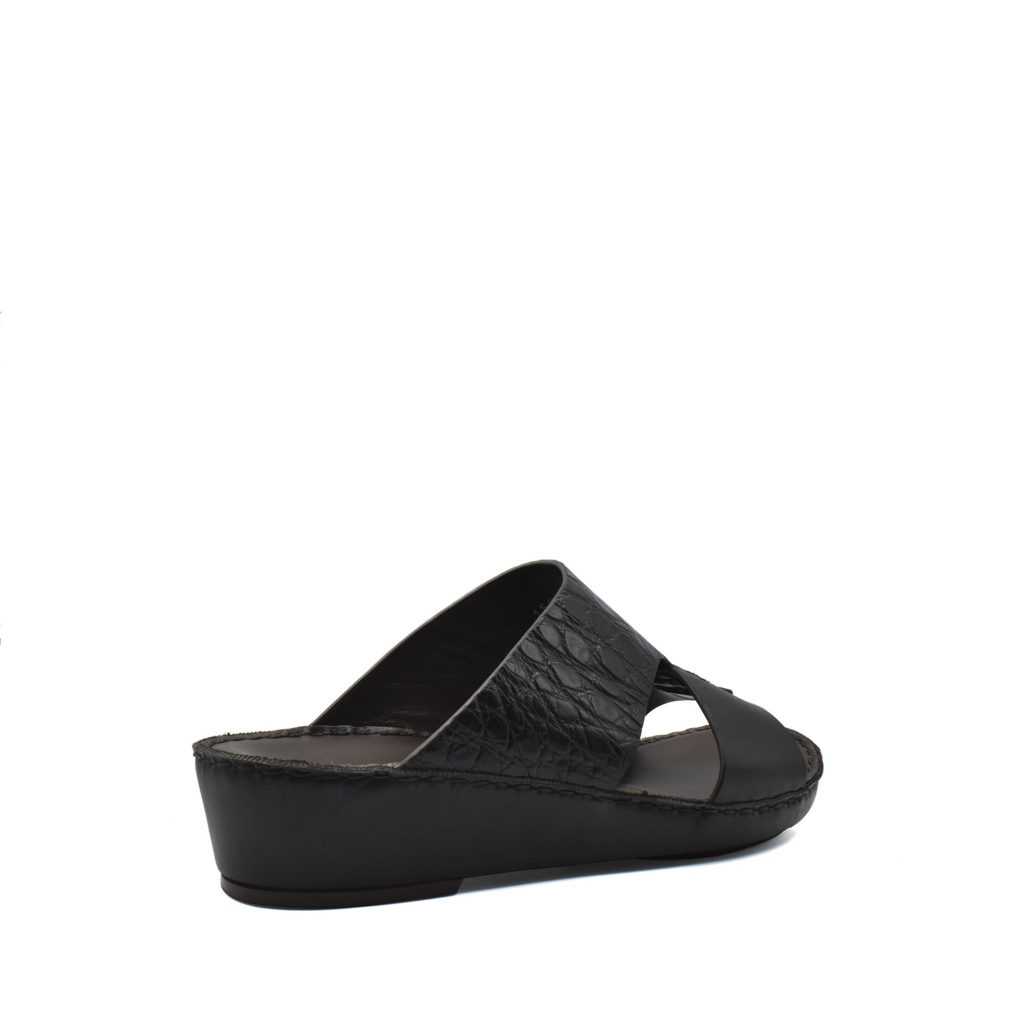 Black luxury croco leather sandals with wedge heel and crisscross strap design