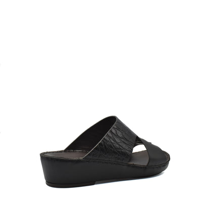 Black luxury croco leather sandals with wedge heel and crisscross strap design