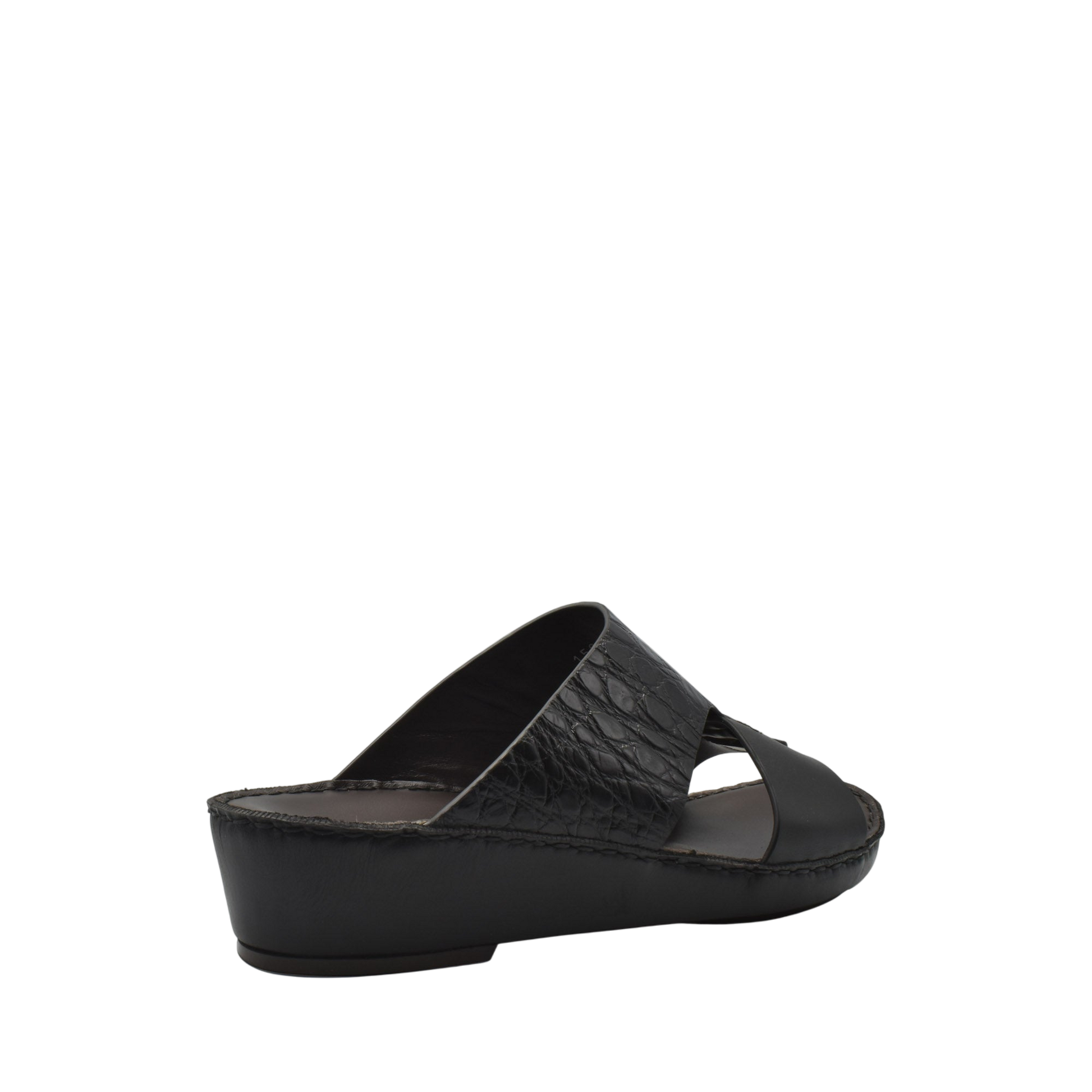 Black luxury croco leather sandals with wedge heel and crisscross strap design