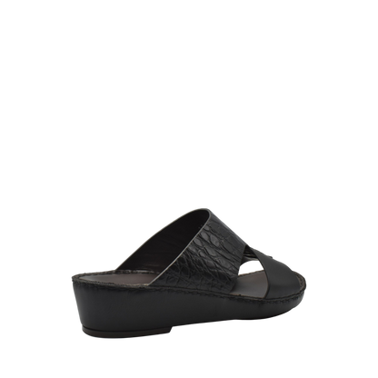 Black luxury croco leather sandals with wedge heel and crisscross strap design