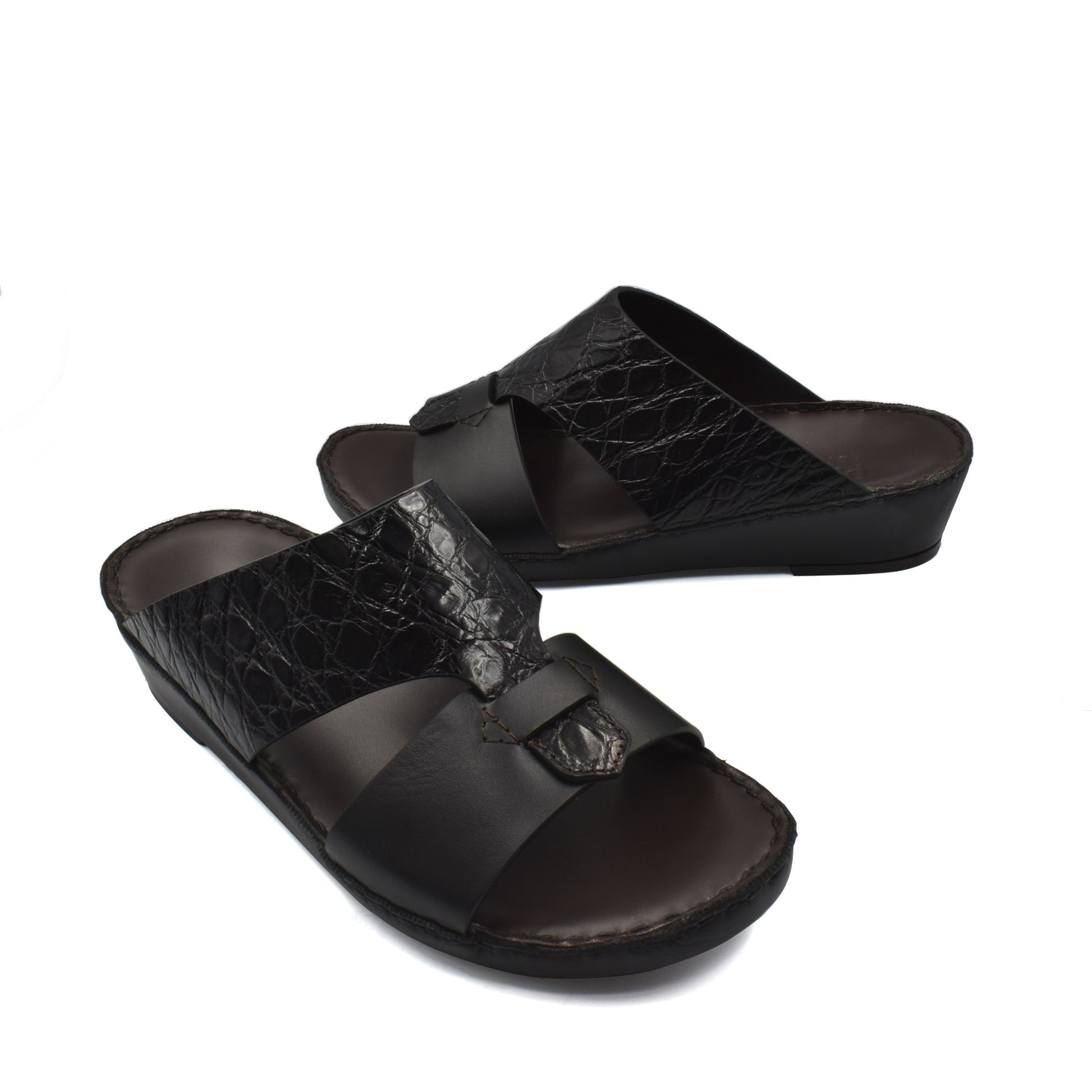 Black luxury croco leather sandals with open toe and textured strap design for stylish comfort