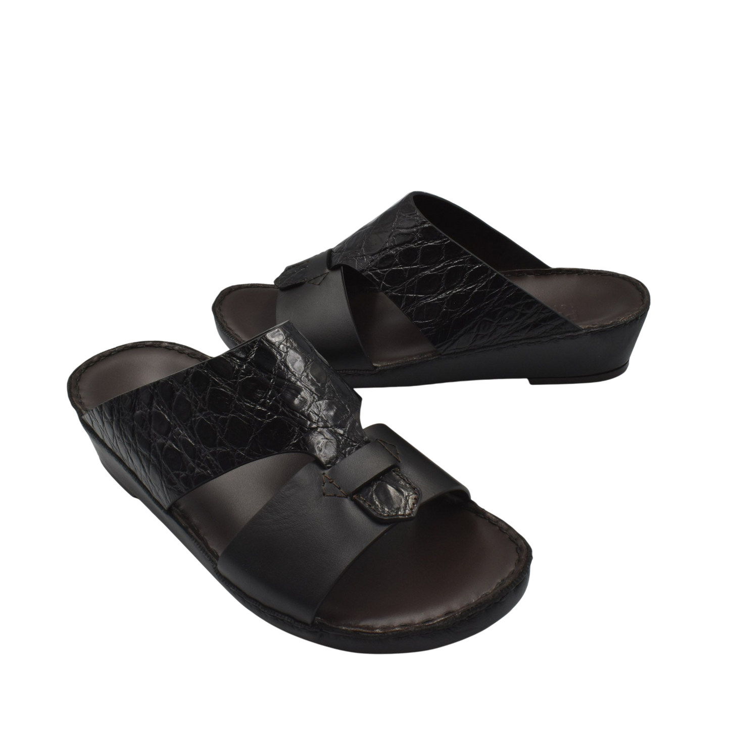 Black luxury croco leather sandals with open toe and textured strap design for stylish comfort