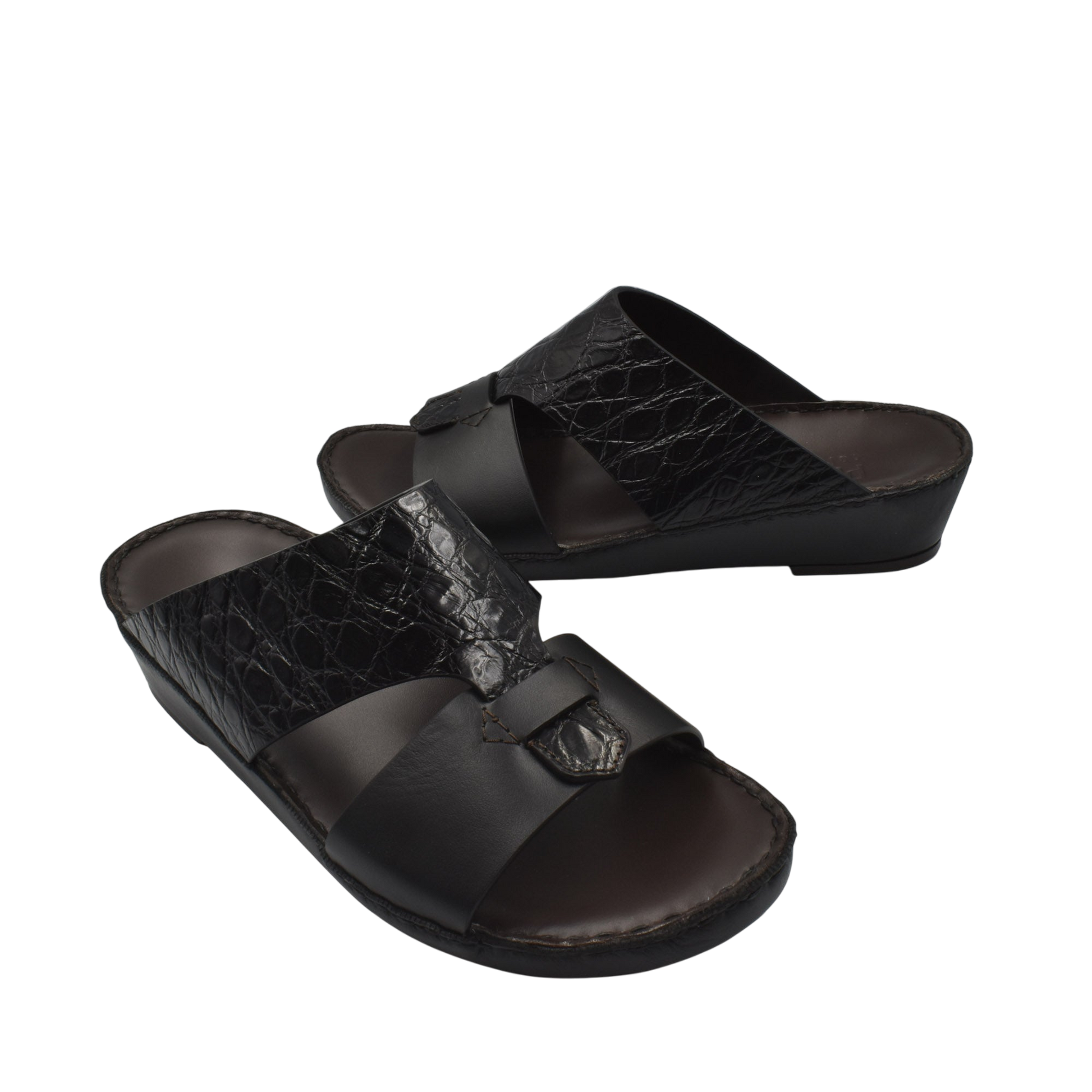 Black luxury croco leather sandals with open toe and textured strap design for stylish comfort