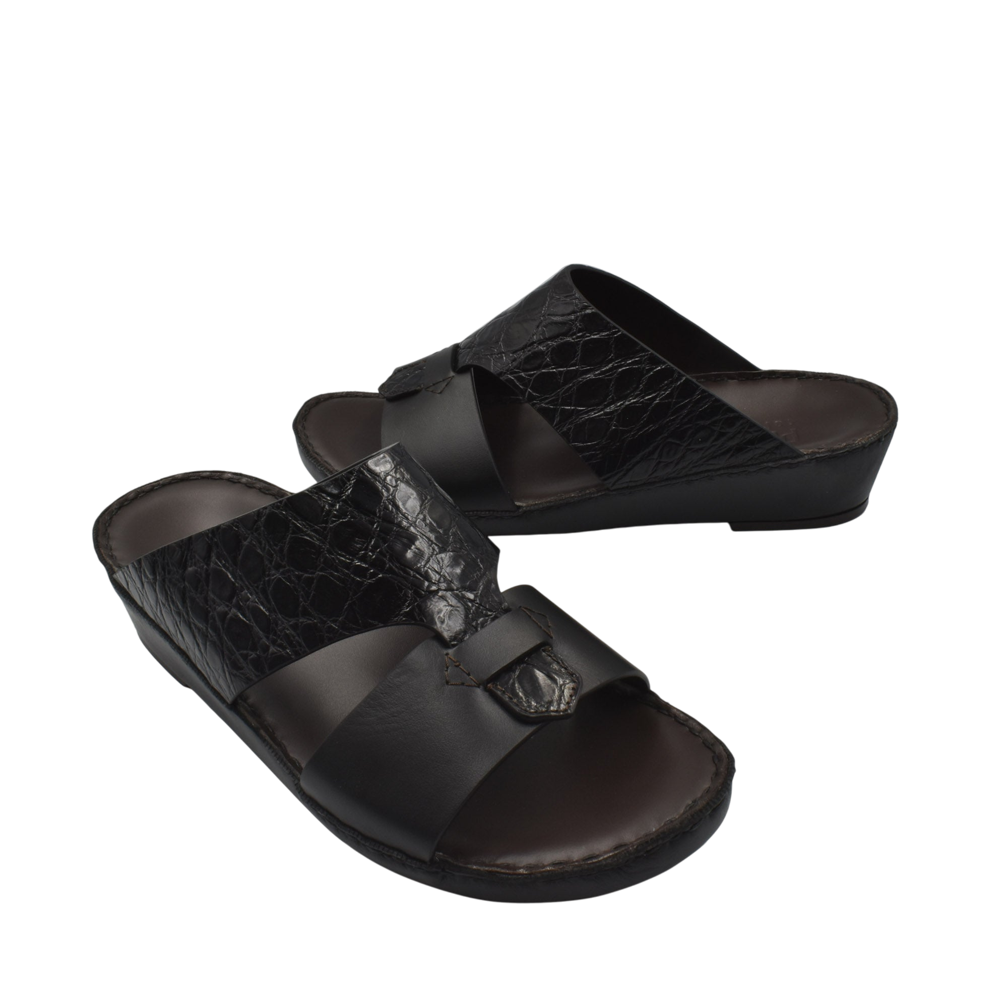 Black luxury croco leather sandals with open toe and textured strap design for stylish comfort