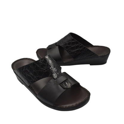 Black luxury croco leather sandals with open toe and textured strap design for stylish comfort