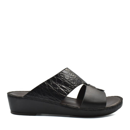 Private Collection black luxury croco leather sandals with open toe and low wedge heel