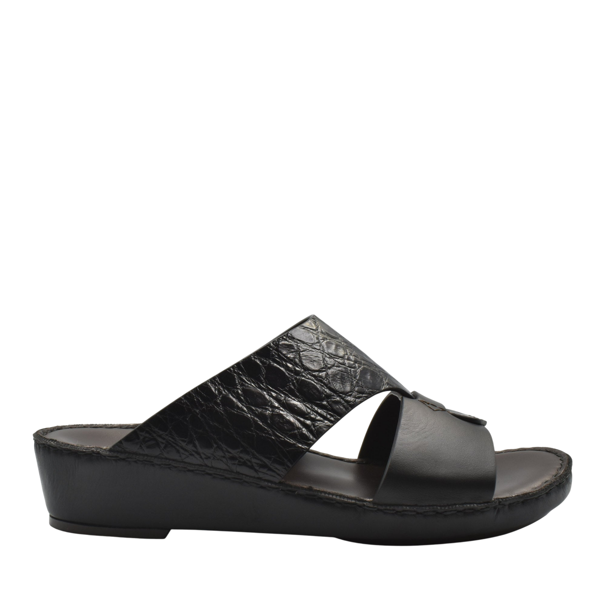 Private Collection black luxury croco leather sandals with open toe and low wedge heel