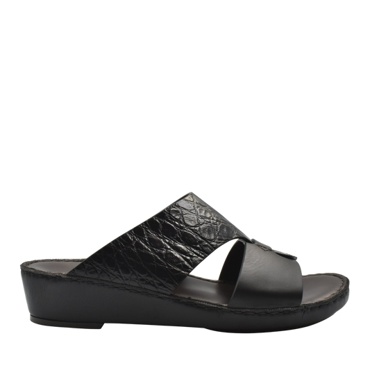 Private Collection black luxury croco leather sandals with open toe and low wedge heel