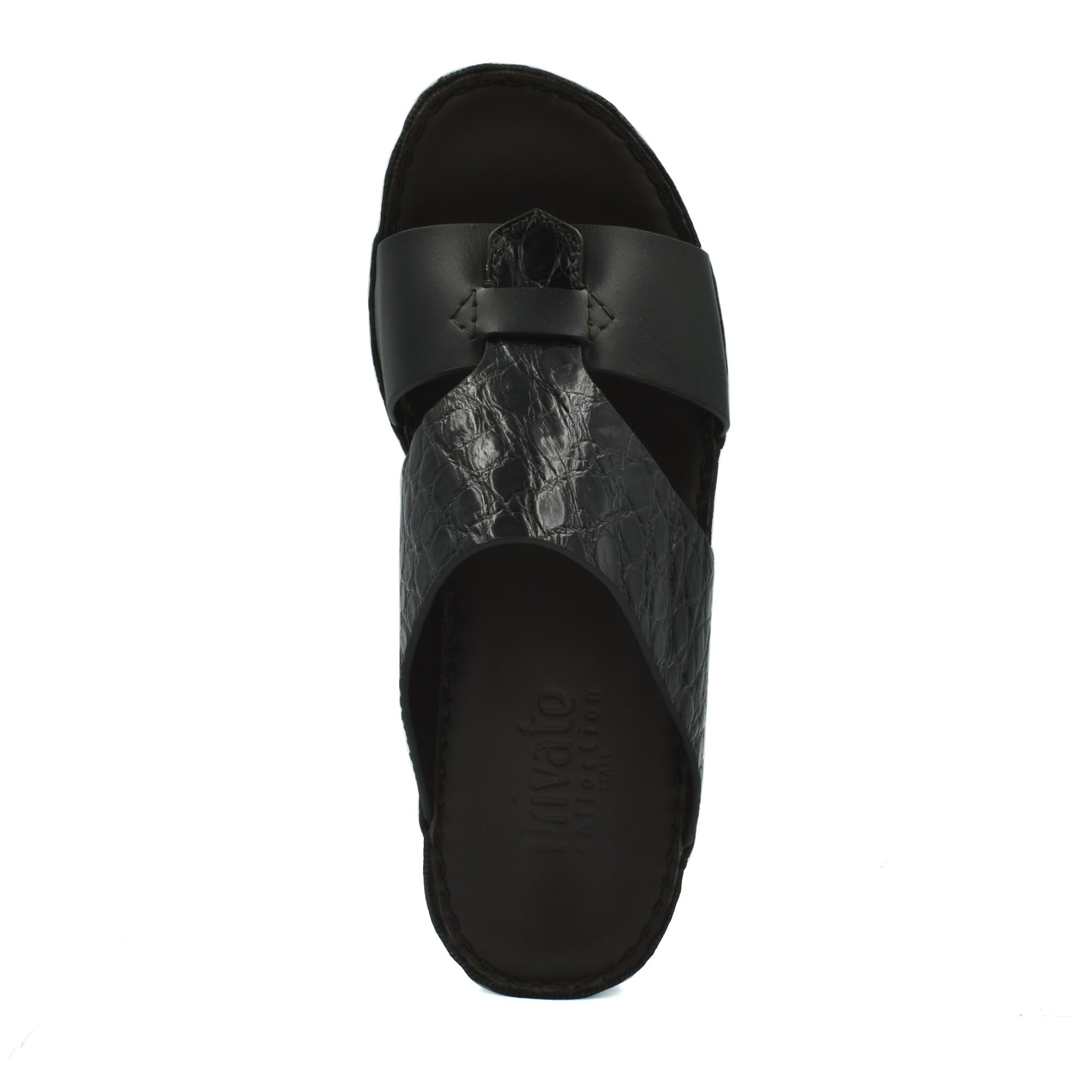 Private Collection luxury croco leather sandals in black with textured croc pattern and open toe design