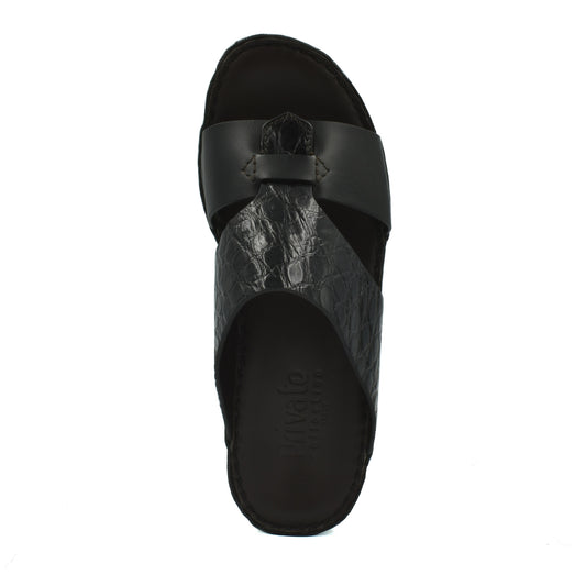 Private Collection luxury croco leather sandals in black with textured croc pattern and open toe design