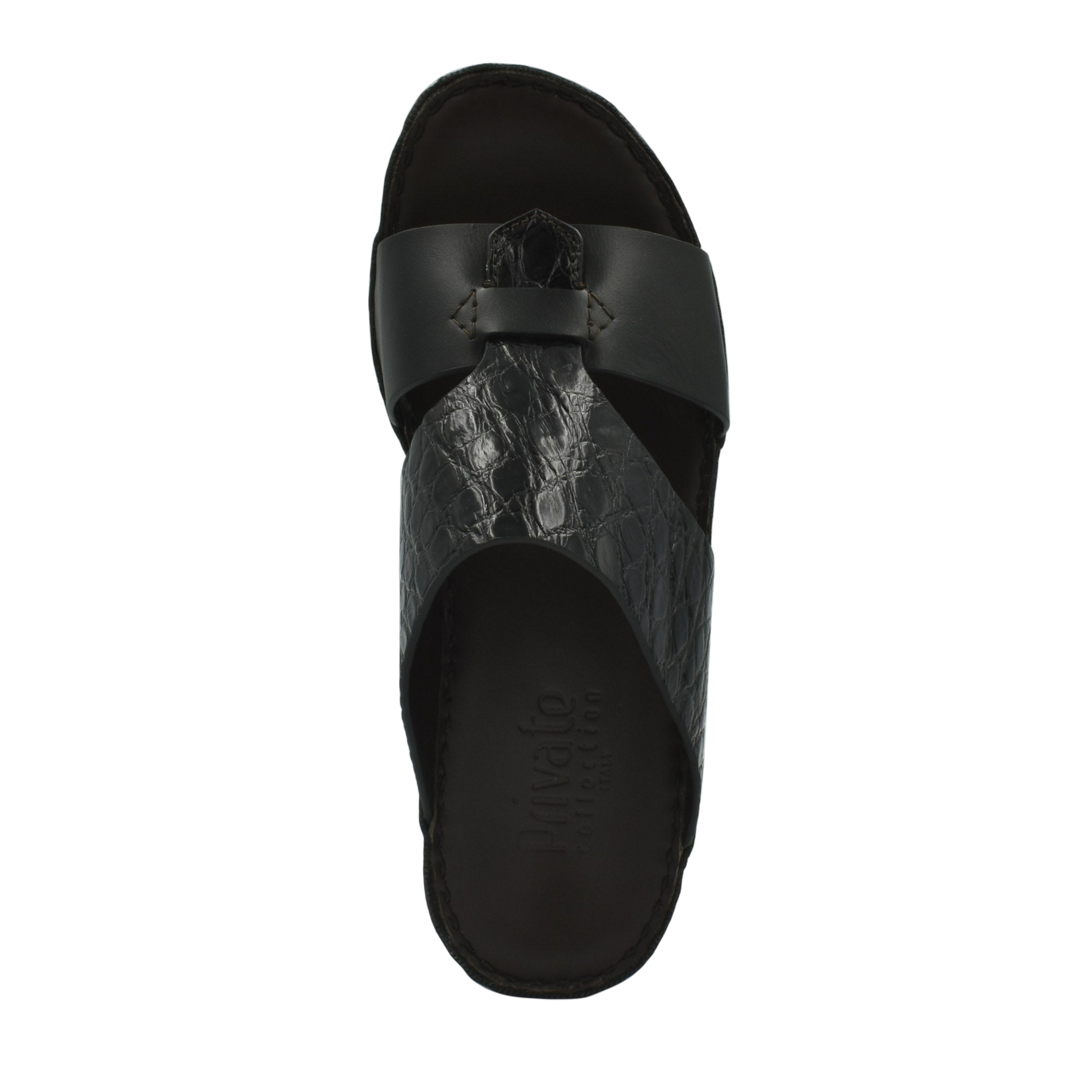Private Collection luxury croco leather sandals in black with textured croc pattern and open toe design