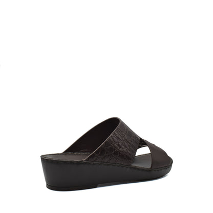 Private Collection black luxury croco leather sandals with wedge heel and open toe design