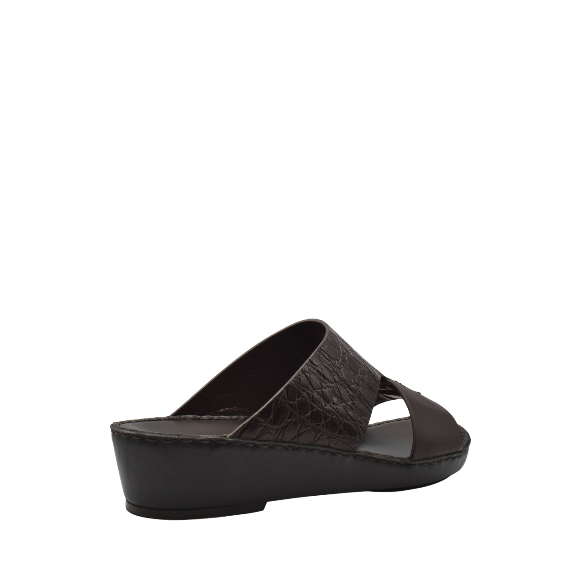 Private Collection black luxury croco leather sandals with wedge heel and open toe design