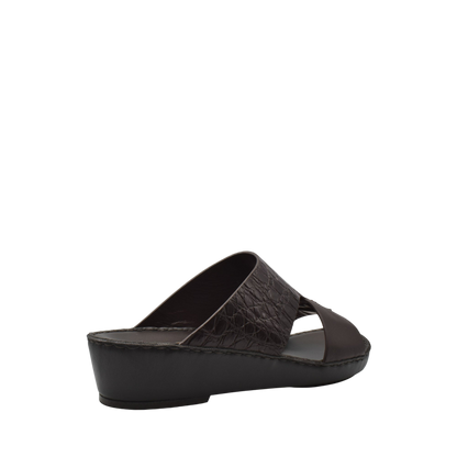 Private Collection black luxury croco leather sandals with wedge heel and open toe design