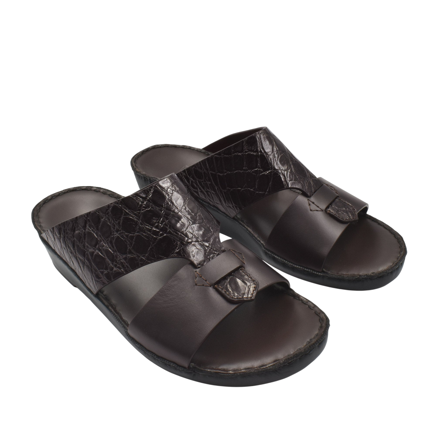 Private Collection luxury croco leather sandals in dark brown with textured crocodile pattern and cushioned sole