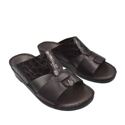 Private Collection luxury croco leather sandals in dark brown with textured crocodile pattern and cushioned sole