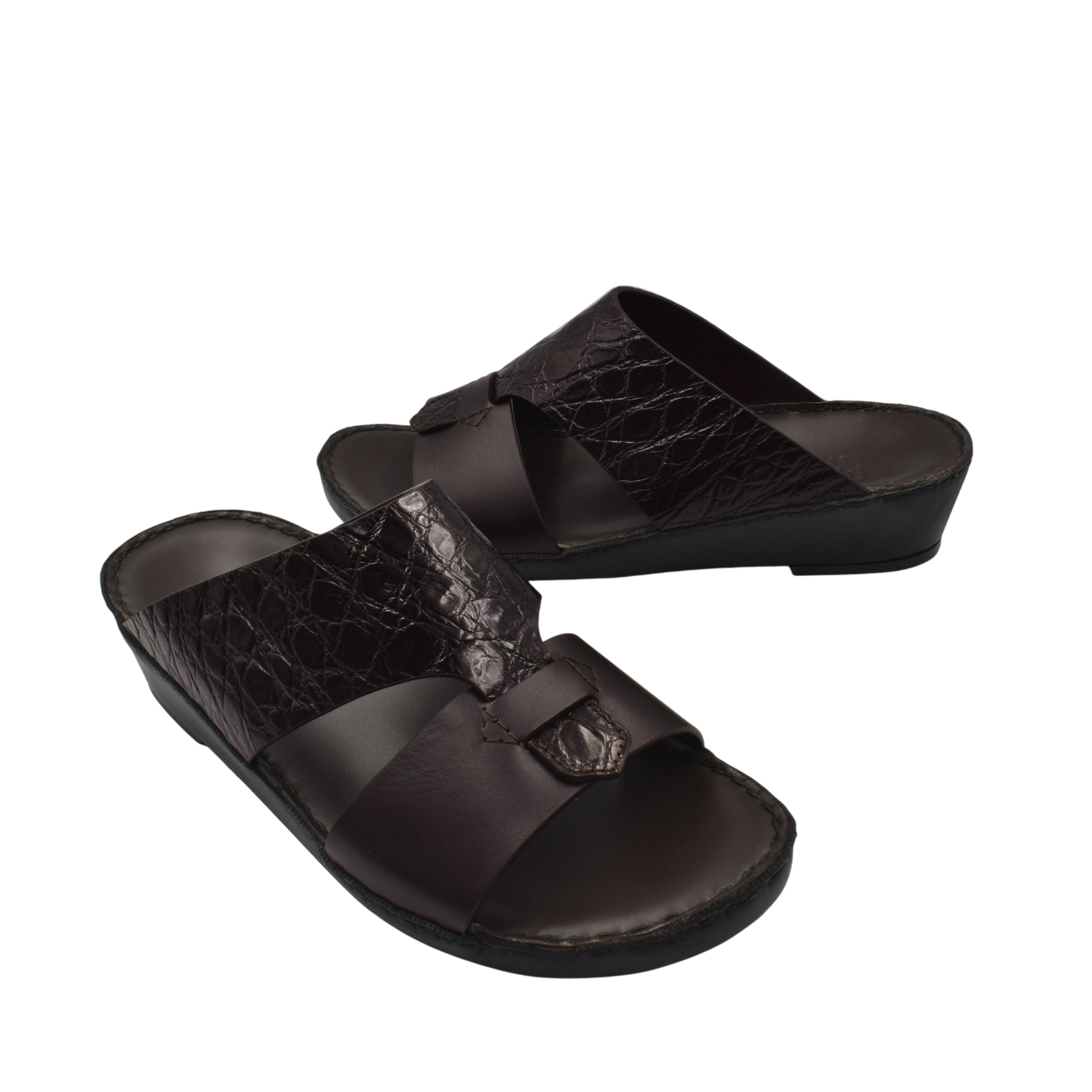 Private Collection luxury croco leather sandals in dark brown with an open toe and slip-on design