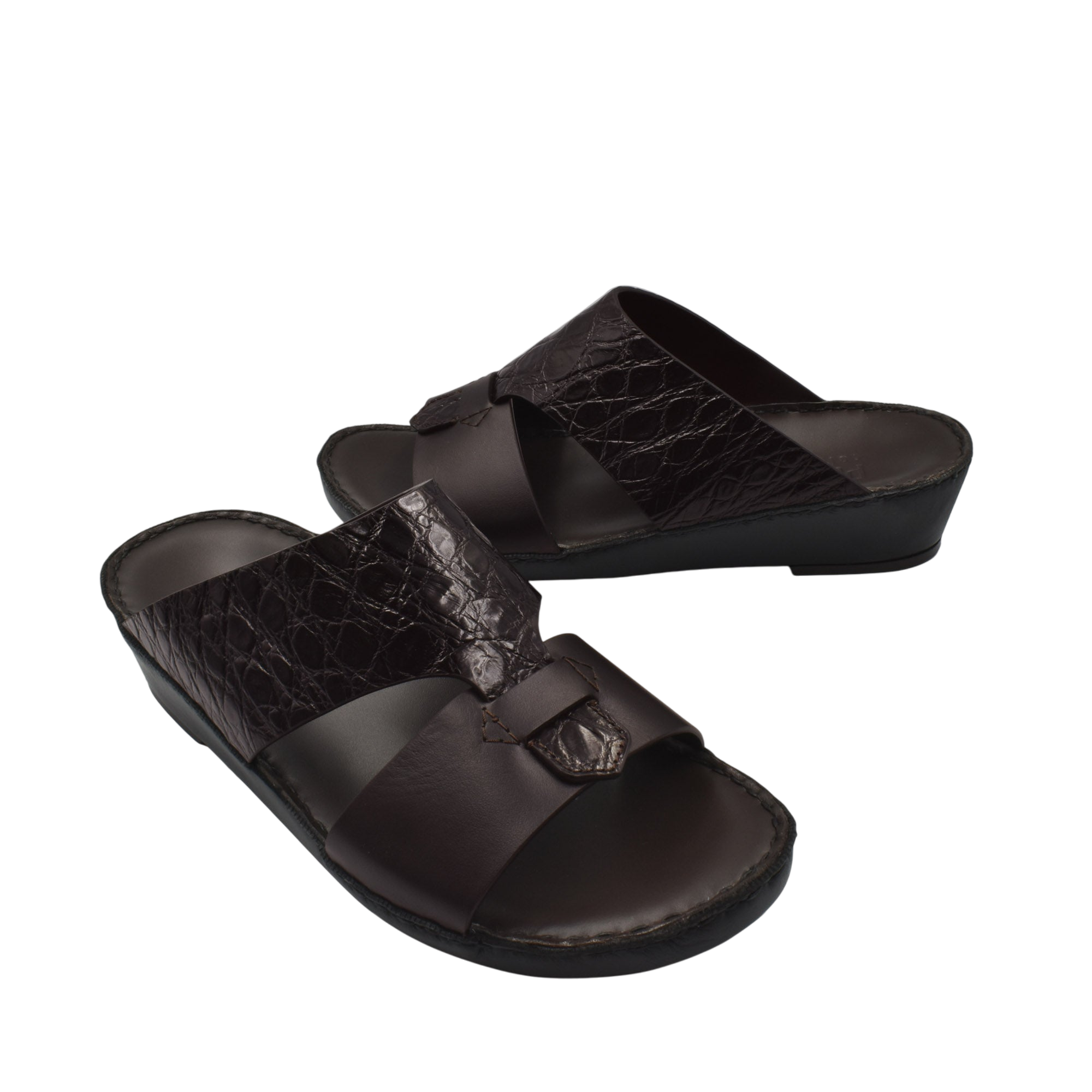 Private Collection luxury croco leather sandals in dark brown with an open toe and slip-on design
