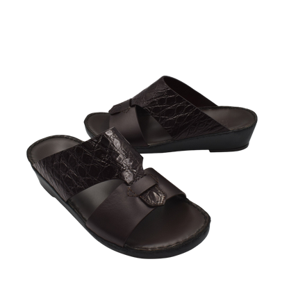Private Collection luxury croco leather sandals in dark brown with an open toe and slip-on design