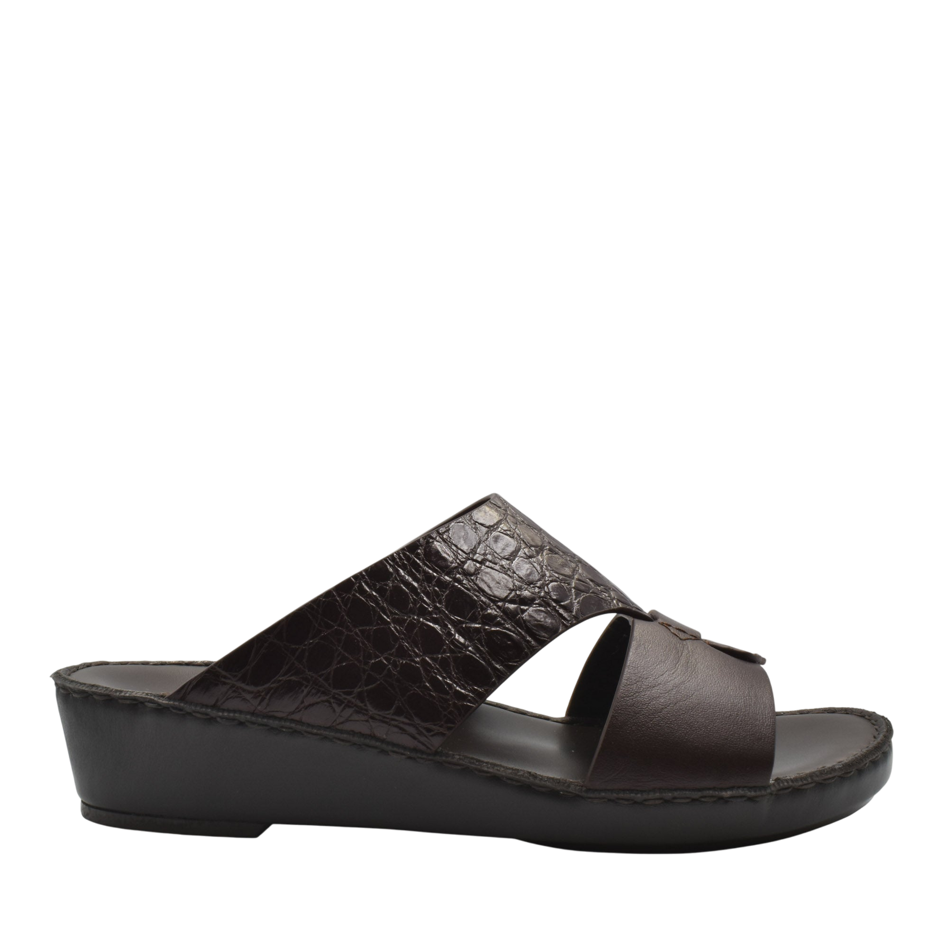 Private Collection luxury croco leather sandals in dark brown with wedge sole and open toe design
