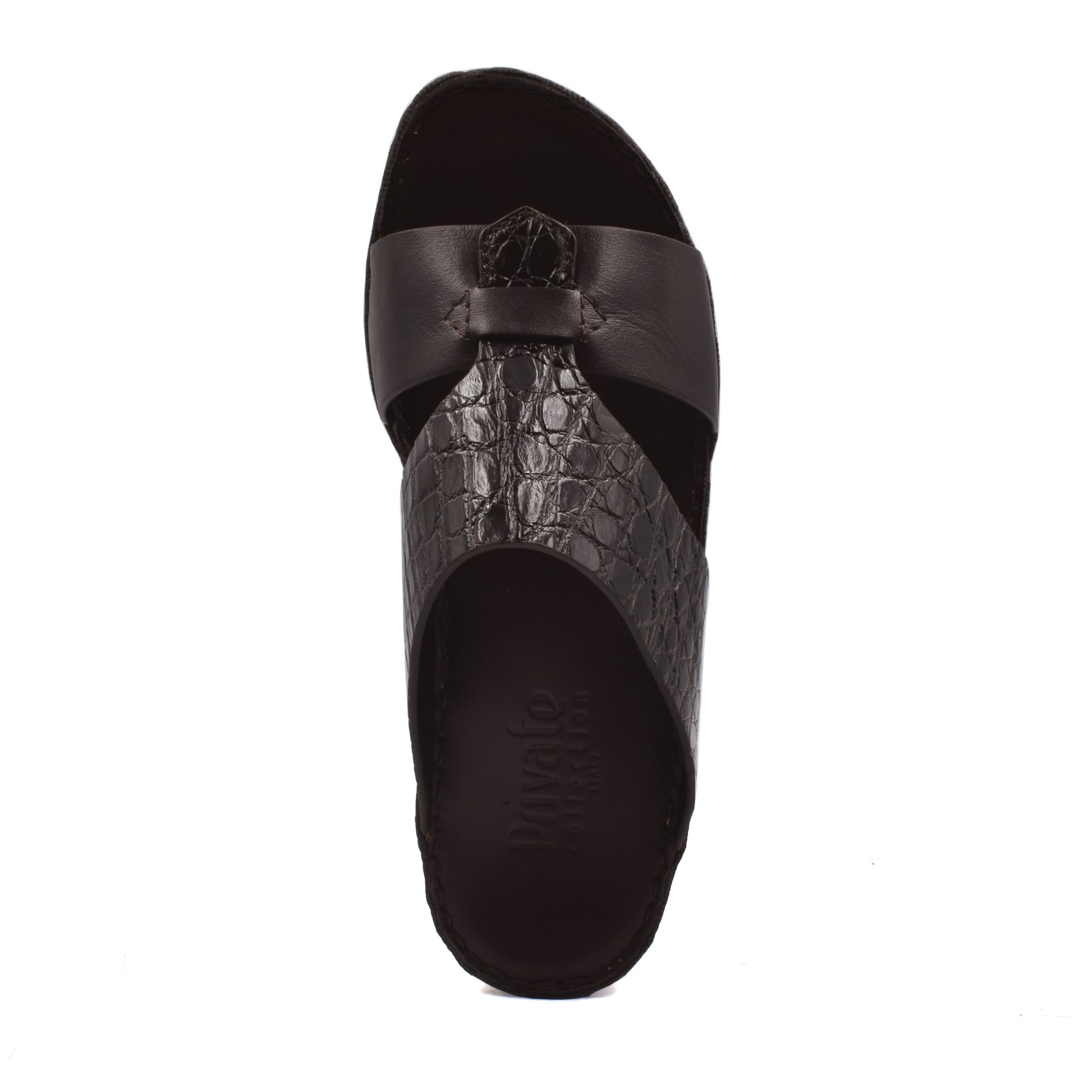 Top view of luxury croco leather sandals in black with textured crocodile pattern and smooth straps