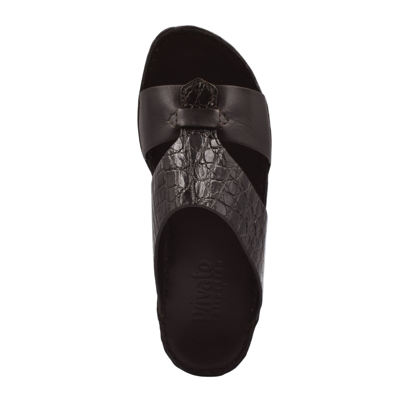 Top view of luxury croco leather sandals in black with textured crocodile pattern and smooth straps