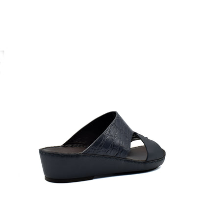 Private Collection luxury croco leather sandals in black with a wedge heel and open toe design