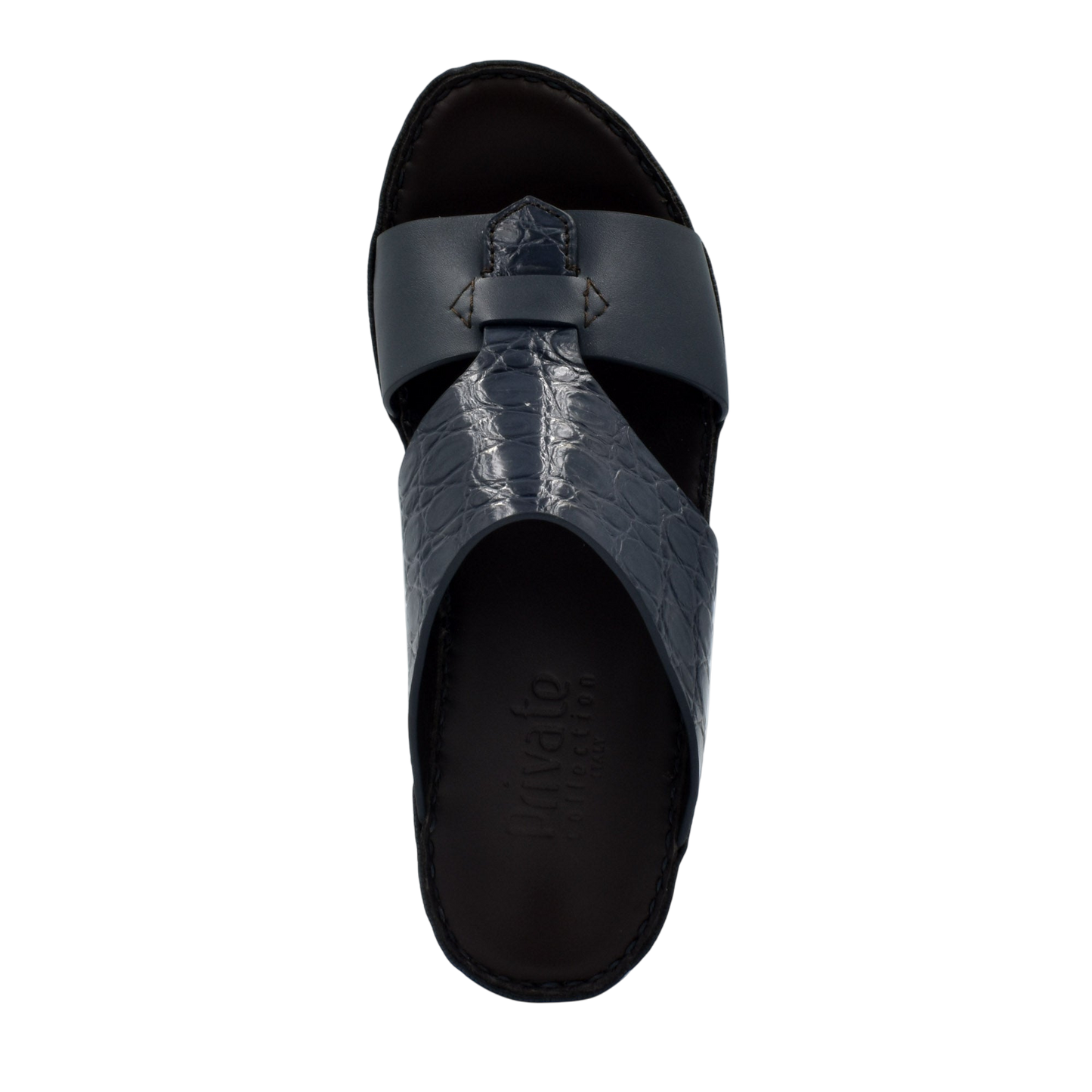 Private Collection luxury croco leather sandals in black with textured croco pattern and cushioned footbed