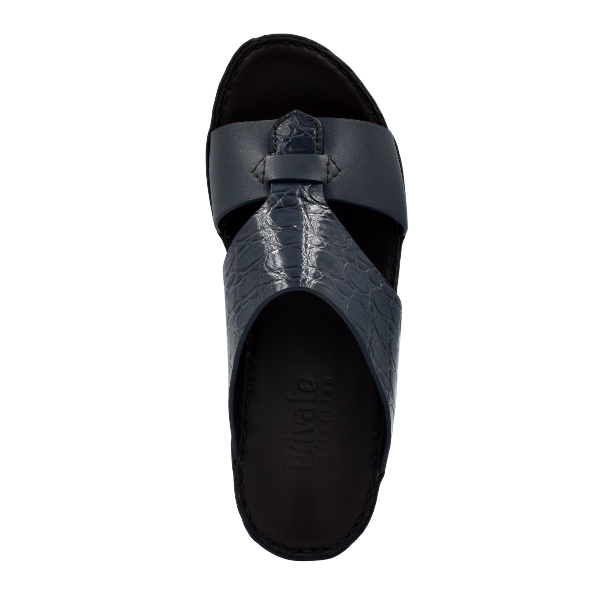 Private Collection luxury croco leather sandals in black with textured croco pattern and cushioned footbed