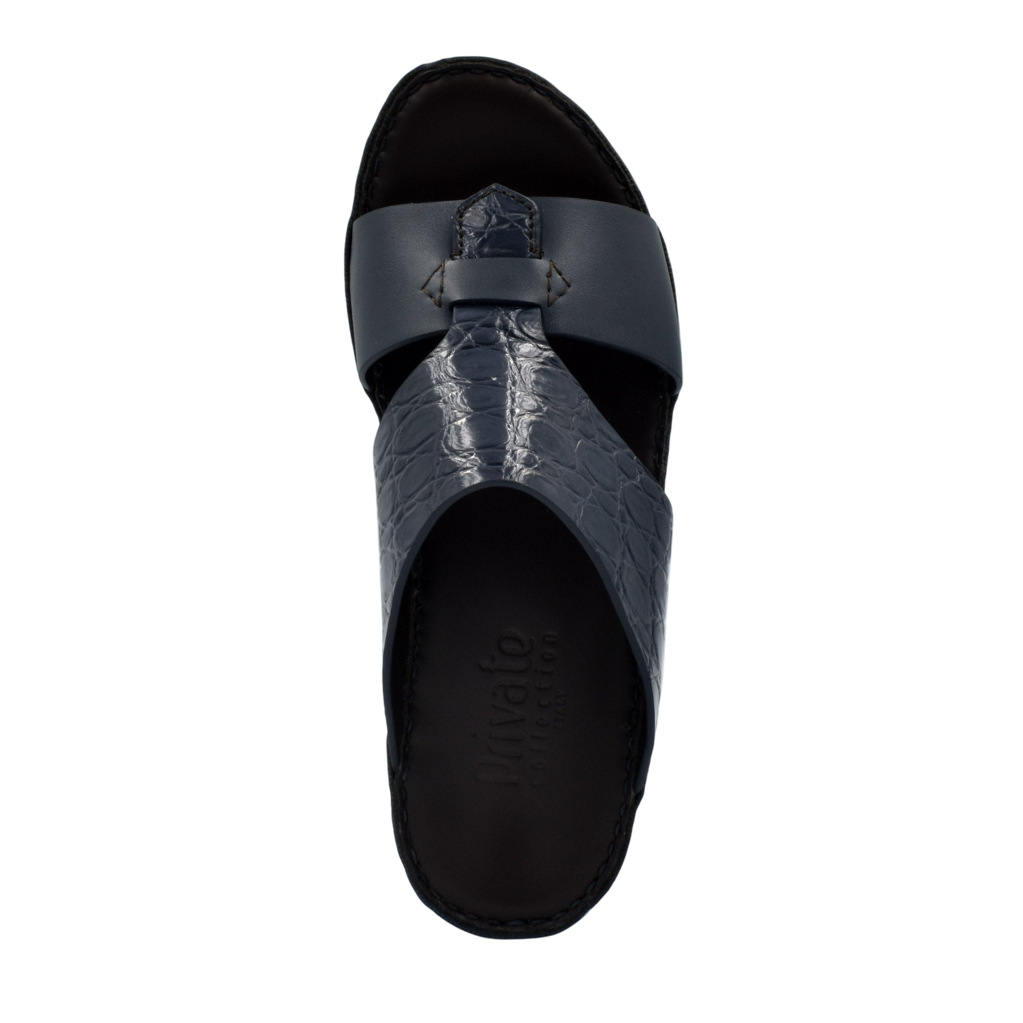 Private Collection luxury croco leather sandals in black with textured croco pattern and cushioned footbed